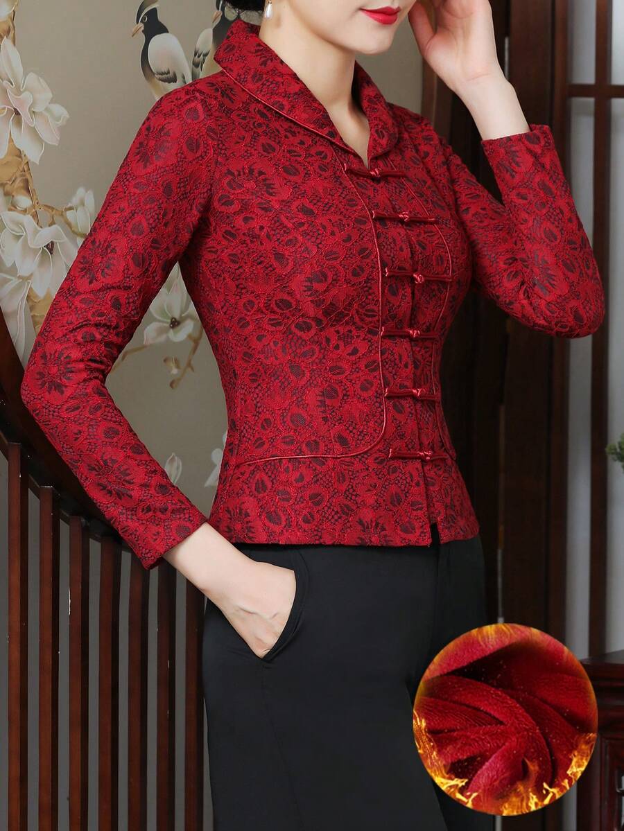 2026 Autumn/Winter Lace Long-Sleeved Outerwear For Women, Retro Style, Chinese-Style Lapel, Slim Fit, Fleece Lined For Warmth, Fold-Down Opening, Asian Sizes, Perfect Mother's Day Gift, Popular With Women, Stylish Outerwear, High-Value Outerwear, Suitable For Everyday/Casual/Social/Occasion/Vacation/Events/Holidays - 酒紅色 - 查看 1