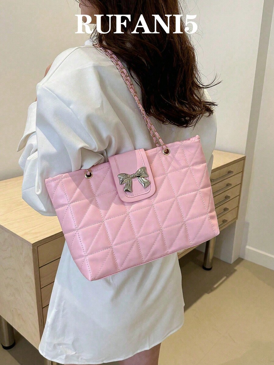 Bolso de hombro con cremallera y cadena de costura elegante de unicolor de moda, rosa - Rosa - Ver 1