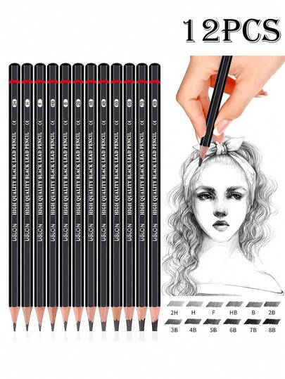 12支装专业素描铅笔套装 - 高品质耐用木质六角形笔握，硬度范围从2H到8B - 适合艺术家和初学者，绘画用品，返校文具礼品，艺术院校必备，学习必需品