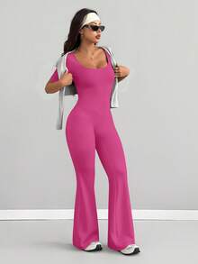 AITYI Studio 女士连体裤，修身剪裁，休闲 U 领纯色时尚性感舒适修身，适合户外运动，百搭实用，适合毕业典礼、新年、情人节、春夏等场合穿着。弹力针织短袖喇叭裤连体裤。 - 玫紅色 - 查看 4