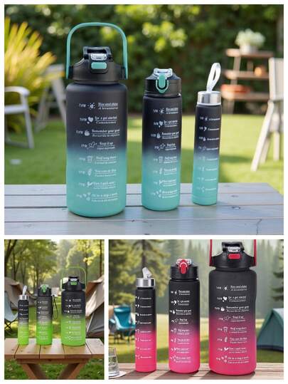 Set de 3 vasos de plástico mate con escala, de gran capacidad y color degradado, con pajita