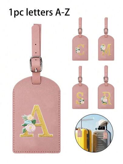 1pc A-Z Floral Embroidered Initial Luggage Tag, Pink Faux Leather Personalized Letter Travel ID Tag With Strap, Ideal For Identifying Luggage, Backpacks, Duffel Bags & Briefcases, Suitable For Travelers, Students, Office Workers, Gift Givers & Bridesmaids, Perfect For Vacations, Business Trips, School, Workdays & Gift-Giving, Versatile As Luggage Identifier, Bag Tag, Travel Accessory & Practical Bag Identification