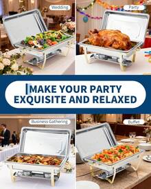 4-Pack Chafing Plate Buffet Set, 8QT Acero inoxidable Plata/Oro Servidores rectangulares Buffet y calentadores de alimentos con tapas y soportes plegables, ideal para fiestas, catering, bodas, eventos - Dorado - Ver 7