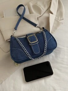 Bolso cruzado de mezclilla y lona de moda, bolso de cadena elegante para debajo del brazo para mujeres - Azul - Ver 9