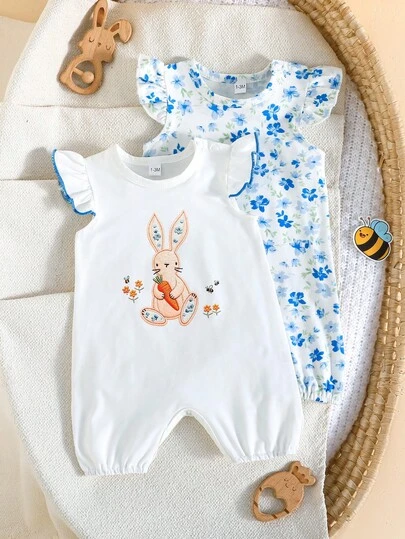 2-delige babyoutfit, casual minimalistisch zomerdesign, nieuw ontwerp, romper met ronde hals en capuchon en bloemen- en konijnenprint, geschikt voor dagelijks gebruik en buitenactiviteiten.