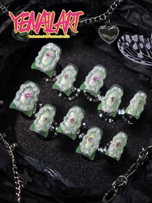 10 móng giả acrylic hình vịt, màu trơn, xanh lá chanh, trang trí 3D ba chiều, chân váy trắng, hình lục giác, trang trí đá lấp lánh, bộ móng giả acrylic tối giản quyến rũ kiểu Y2K ngắn, dụng cụ làm móng cho phụ nữ và bé gái kèm 1 dũa móng mini và 1 tờ keo dán, nghệ thuật làm móng cho lễ hội, hàng ngày, công sở, tiệc tùng, tụ họp và những nơi khác, móng giả thủ công. - Màu xanh chanh - Xem 3