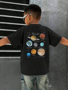 男童休闲星球印花圆领短袖T恤，夏季学生童装 - 黑色 - 查看 2