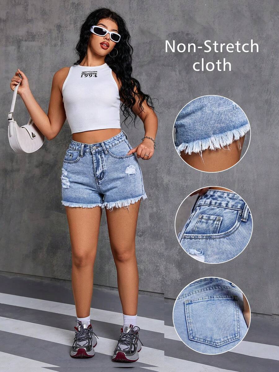 Women's Summer Casual Denim Shorts, Frayed Pockets, Zipper Closure, Distressed Denim, Straight Leg - Light Wash - View 1
