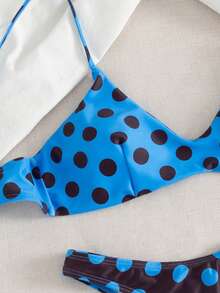 Women's Summer Beach Polka Dot Print Sexy Bikini Swimsuit Set Vacation - Blue - View 6