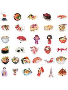 1pack/64PCS, Watercolour Sketches From A Journey Through Japan Stickers, PVC Material, Each Measuring 3 To 7 Centimetres, Creative Aesthetic Design Sticker, Each One Is Different, Applicable, Handwritten Journal, Tablet Computer, Notebook, Phone Case, Notebooks, Kindle, Pencil Case, Laptop, Motorcycle, Skateboarding, Scrapbook, Guitar - 1 Pack/64 PCS - View 3