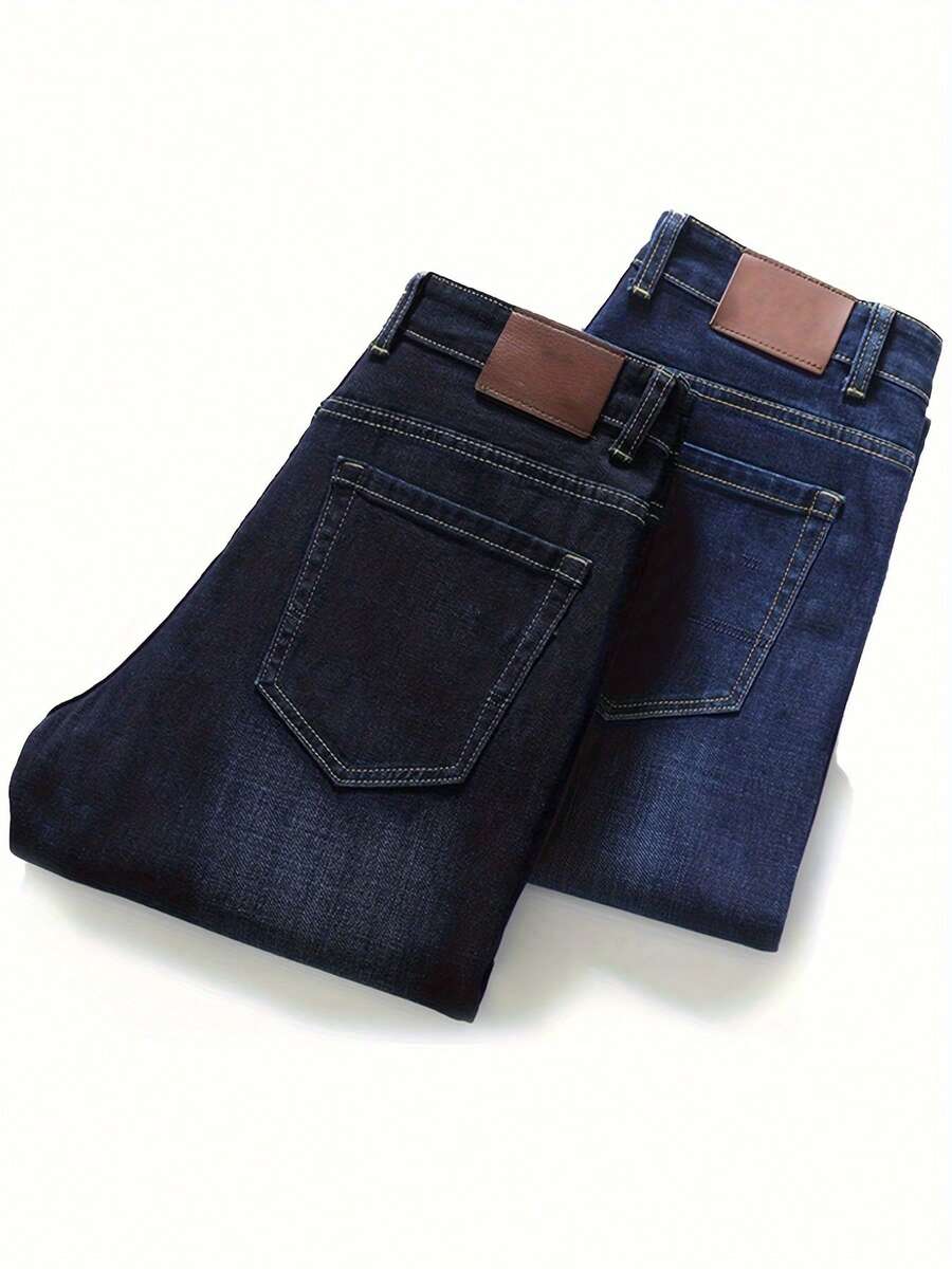 Men's Stretch Slim Straight Leg Business Casual Jeans, Slant Pocket Design, Versatile For Daily Wear - Màu xanh lam - Xem 1