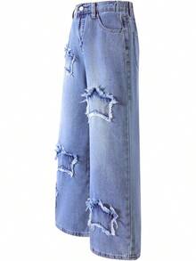 Girls Baggy Wide Leg Ripped Denim Jeans High Waist - 星-980 - 查看 4
