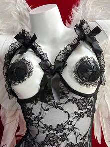 Black Floral Lace Sheer Slip Bodydoll Jumpsuit For Hot Women Open Crotch One-Piece Teddy V-Neck Mesh Bodysuit Valentine's Day Gift For Husband - 黑色 - 查看 3