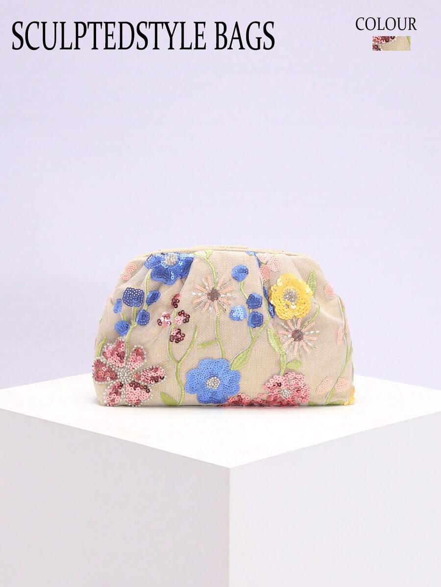 1 chiếc túi xách cầm tay bằng vải lanh lưới thêu họa tiết hoa, đính sequin PVC nhiều màu sắc, kiểu dáng đám mây, lấp lánh, thích hợp cho tiệc tối, đi chơi hoặc đi du lịch (Họa tiết hoa được gửi ngẫu nhiên) - Màu Khaki - Xem 1