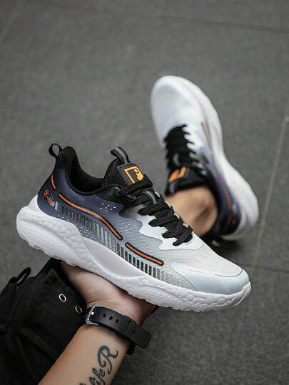Men's Spring/Summer New Fashion Striped Print Ombre Black & White Mesh Low-Top Lace-Up Running Shoes, Lightweight & Comfortable Casual Sneakers For Teenagers, Outdoor, Commuting, Daily Wear, All Season
