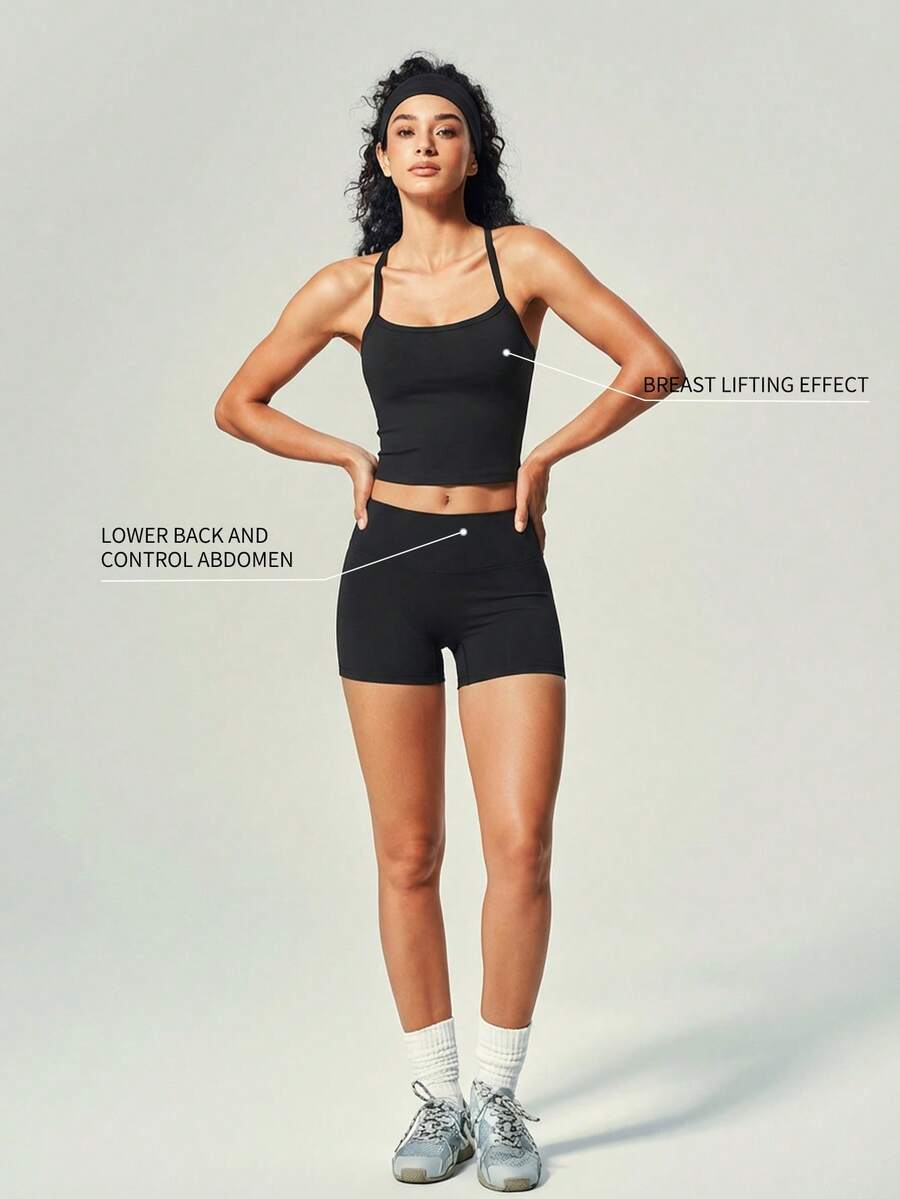 UONNOU Bộ tập nâng mông Peach, áo tank top hở lưng đan chéo & quần short cạp cao - màu đen - Xem 1