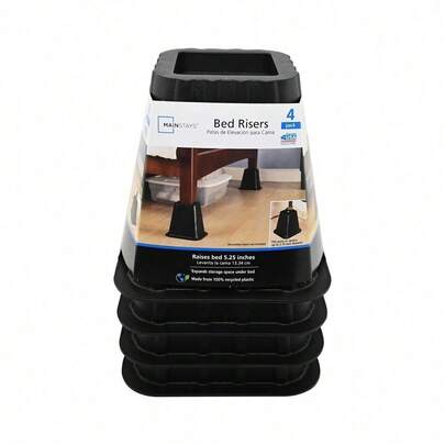 Black Plastic Bed Risers, Raise Your Bed To Create Storage Space, 4 Pack, Assembled Length 6.50 In X Width 6.50 In X Height 6 In