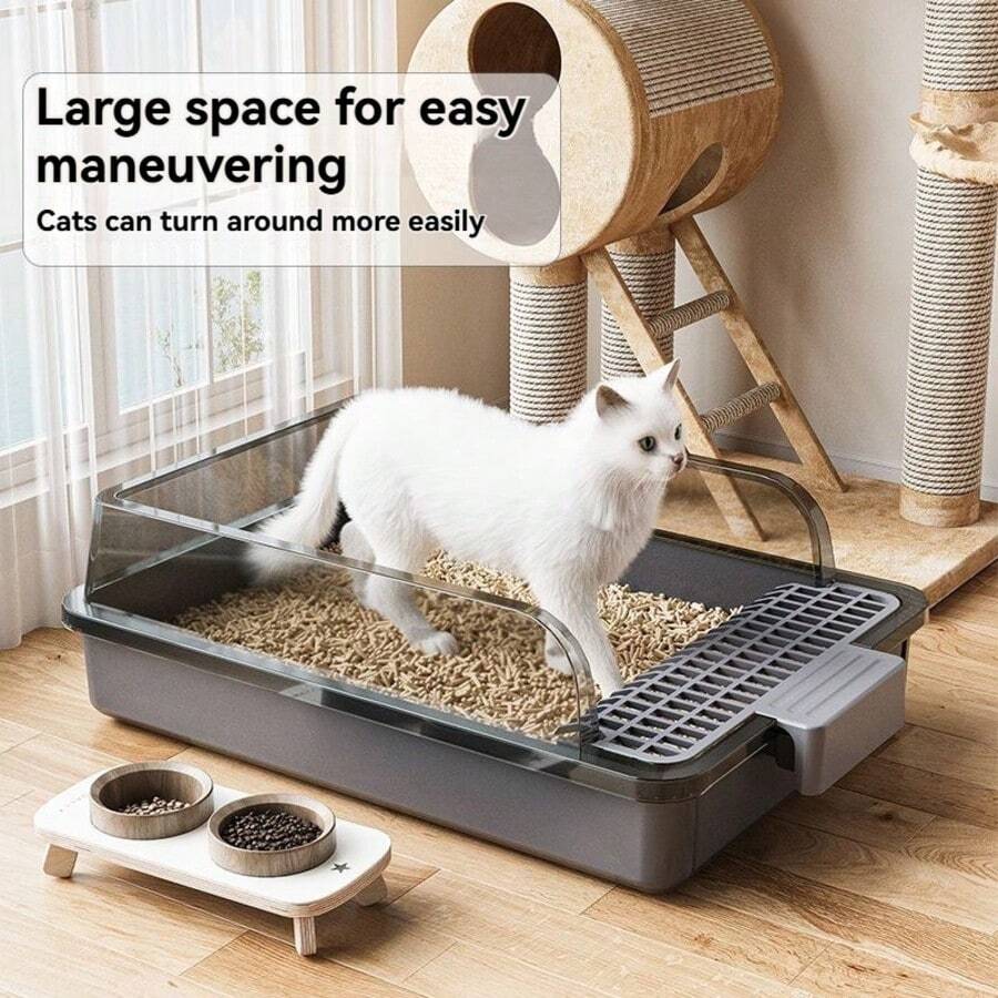 1 Semi-Enclosed Cat Litter Box With Raised Design To Prevent Litter Scatter, Large Capacity Waste Compartment, Extra-Large Cat Litter Scoop For Quick Cleaning - Black Litter Box - View 1