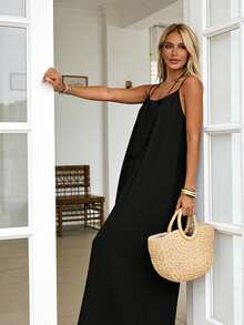 Women's Sexy Backless Solid Color Spaghetti Strap Maxi Dress, Loose Sleeveless Empire Style Dress, 2026 Summer New Arrival - 黑色 - 查看 4