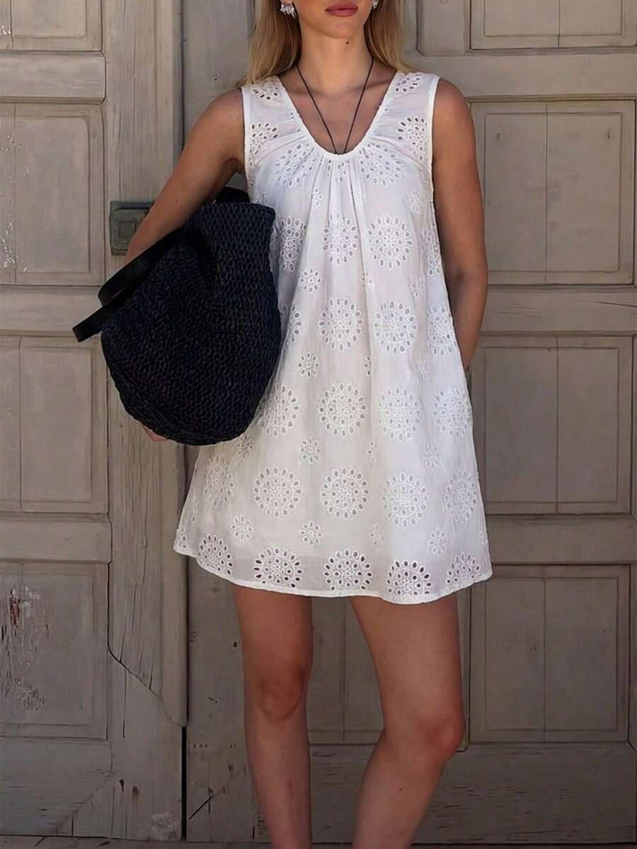 Vestido de verano sin mangas de encaje bordado blanco casual bohemio para mujer Vuslat, adecuado para vacaciones en la playa, vacaciones de verano, Día de San Valentín, Carnaval, salidas de primavera - Blanco - Ver 1