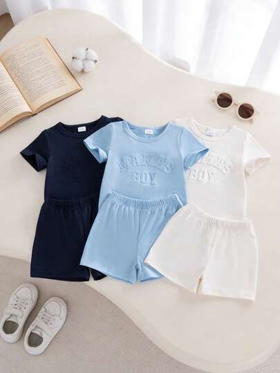 6pcs/Set Young Boy Summer Fashionable Cute Casual Letter Graphic Crew Neck Short Sleeve T-Shirt & Matching Solid Color Crew Neck Short Sleeve T-Shirt & Shorts, Suitable For Daily, Outdoor, School, Commute, Vacation, Street