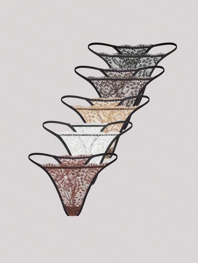 5 条女士纯色蕾丝边舒适丁字裤