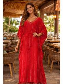 Elegant Women's Boho Maxi Dress With A V-Neck, Batwing Sleeves, Asymmetrical Hem, And Fringe Details. - 紅色 - 查看 3