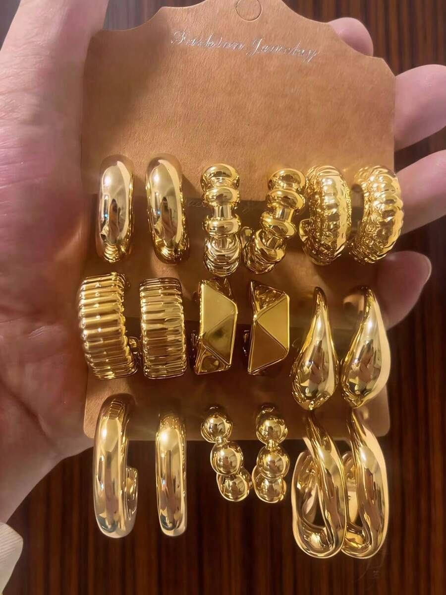 Juego de 3-9 pares de pendientes vintage con baño de oro, 9 estilos para mezclar y combinar, adecuado para ir al trabajo o a una fiesta, el brillo del metal de alta gama realza el resplandor de la piel, aros en forma de C, texturas, diseños geométricos, cubriendo todos los elementos, accesorio de joyería esencial para mujeres