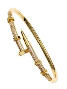 Luxury Cubic Zirconia Pave Nail Design Open Cuff Bracelet, 18K Gold Plated Street Style Bangle Jewelry Gift For Women,Women's Fashion Rhinestone Decor Nail Shaped Bracelet, High Quality Gold Tone Micro-Inlaid Open Bangle For Party - Multicolor - View 15