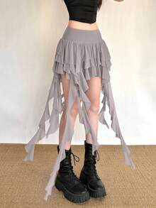 Top Dazzle High Waist Versatile Asymmetrical Design Short Skirt - Grey - View 4