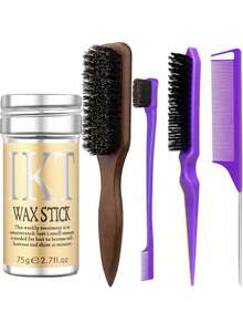 ikt 1支发蜡棒 + 3件套亮泽发型梳子套装，猪鬃毛梳 + 尖尾梳造型工具，适用于毛躁、凌乱发型、马尾辫和假发 - 75g - 查看 11