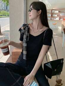 不对称蝴蝶结设计露肩短袖T恤，修身打底上衣，女士黑色夏季款 - 黑色 - 查看 4