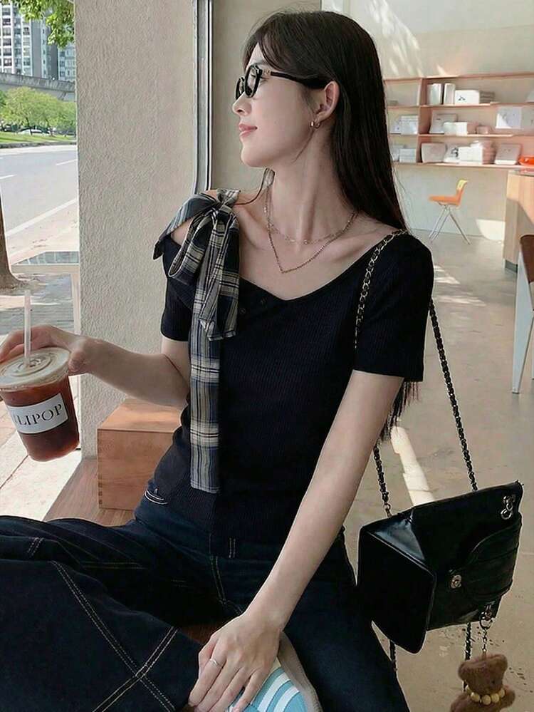不对称蝴蝶结设计露肩短袖T恤，修身打底上衣，女士黑色夏季款 - 黑色 - 查看 4