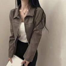 女士仿麂皮拉链夹克，翻领，纯色，休闲百搭，适合上学、机场、春秋季穿着 - 咖啡棕 - 查看 4