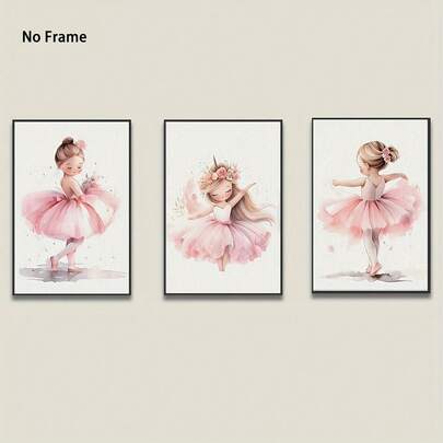 3件套精美水彩芭蕾舞者艺术画作 - 优雅的粉色芭蕾舞女孩，适合婴儿房或芭蕾舞工作室装饰，无框