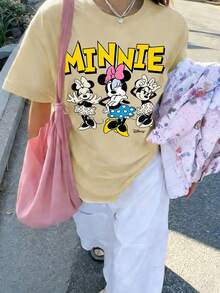 Disney Casual Minnie Mouse Trio Oversized Tee – Versatile Washed Yellow Short Sleeve Top With Playful Print For Mix-And-Match Outfits - Màu be - Xem 2