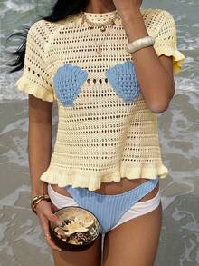 Live To Mo 女士镂空针织沙滩罩衫，饰有可爱贝壳图案，优雅的海洋元素设计，是夏季度假和情人节的完美之选。 - 黃色 - 查看 6