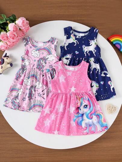 Bộ 3 món cho bé gái, gồm váy không tay in hình kỳ lân, mây, sao hoạt hình, kiểu dáng dễ thương, thích hợp mặc mùa hè.