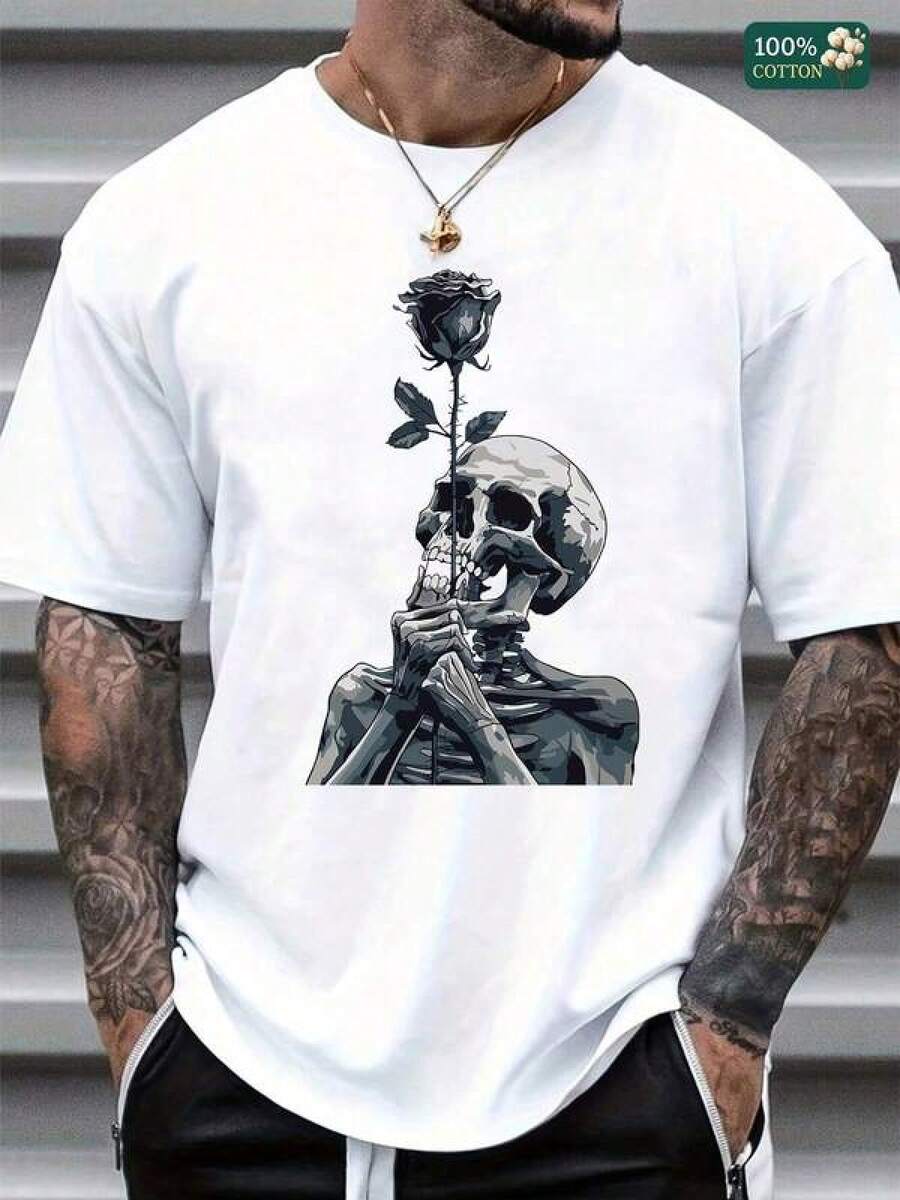 Camiseta de hombre con estampado de anime, unisex, 100% algodón, cuello redondo, camiseta de manga corta - esqueleto con gráfico de rosa para verano, tops de hombre, moda de verano, ropa casual, estilo urbano, atuendos diarios, cómoda, moderna, estilo de vida activo, clásica, look de verano relajado, para todas las estaciones, regalo superior - Blanco - Ver 1