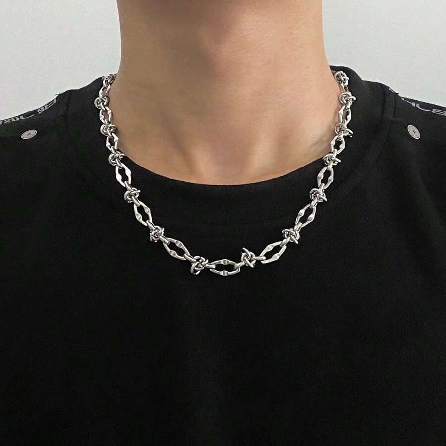 1pc Unisex Stainless Steel Geometric Necklace, Punk Style Asymmetric Sweater Chain, Luxury Jewelry Accessory, Non-Fading - Steel - View 1