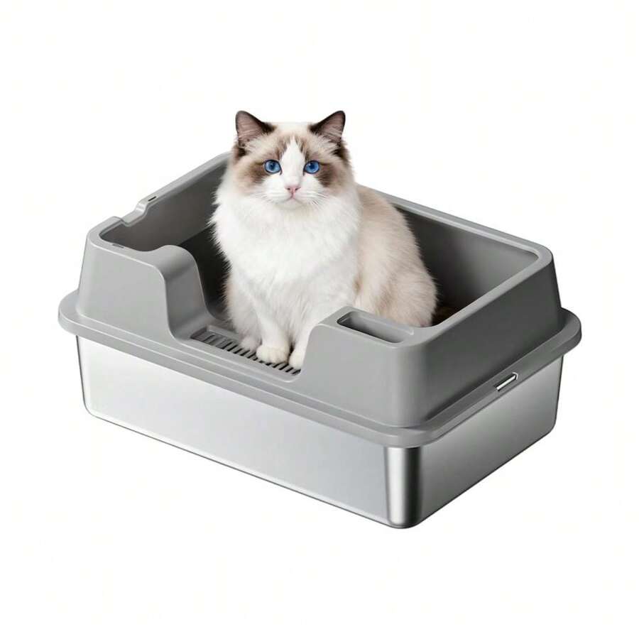 Edelstahl-Katzenstreu-Box, offene Oberseite, hohe Seiten für weniger Verschmutzung, mit hoher abnehmbarer Umrandung, leicht zu reinigen, ideal für Katzen aller Größen - G - Übersicht 1