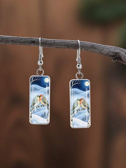 1 Pair Vintage Minimalist Bird Pattern Convex Glass 316 Stainless Steel Earrings, Elegant Everyday Jewelry Gift For Women