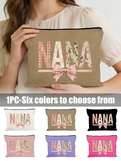 1pc Makeup Bag With "Nana " Letters And Bow Print, Reusable Cosmetic Pouch With Flowers, Lightweight, Cosmetic & Toiletry Organizer Bag, Zippered Cosmetic Bag, Lightweight Coin Purse, Toiletry Bag, Storage Bag, Travel Accessory, Perfect For Shopping, Versatile Use, Perfect Gift For Back-To-School Season, Beach, Seaside, Vacation,Mother's Day,Summer,New Year,Ramadan, Eid, Valentine's Day, Christmas, Or Thanksgiving.