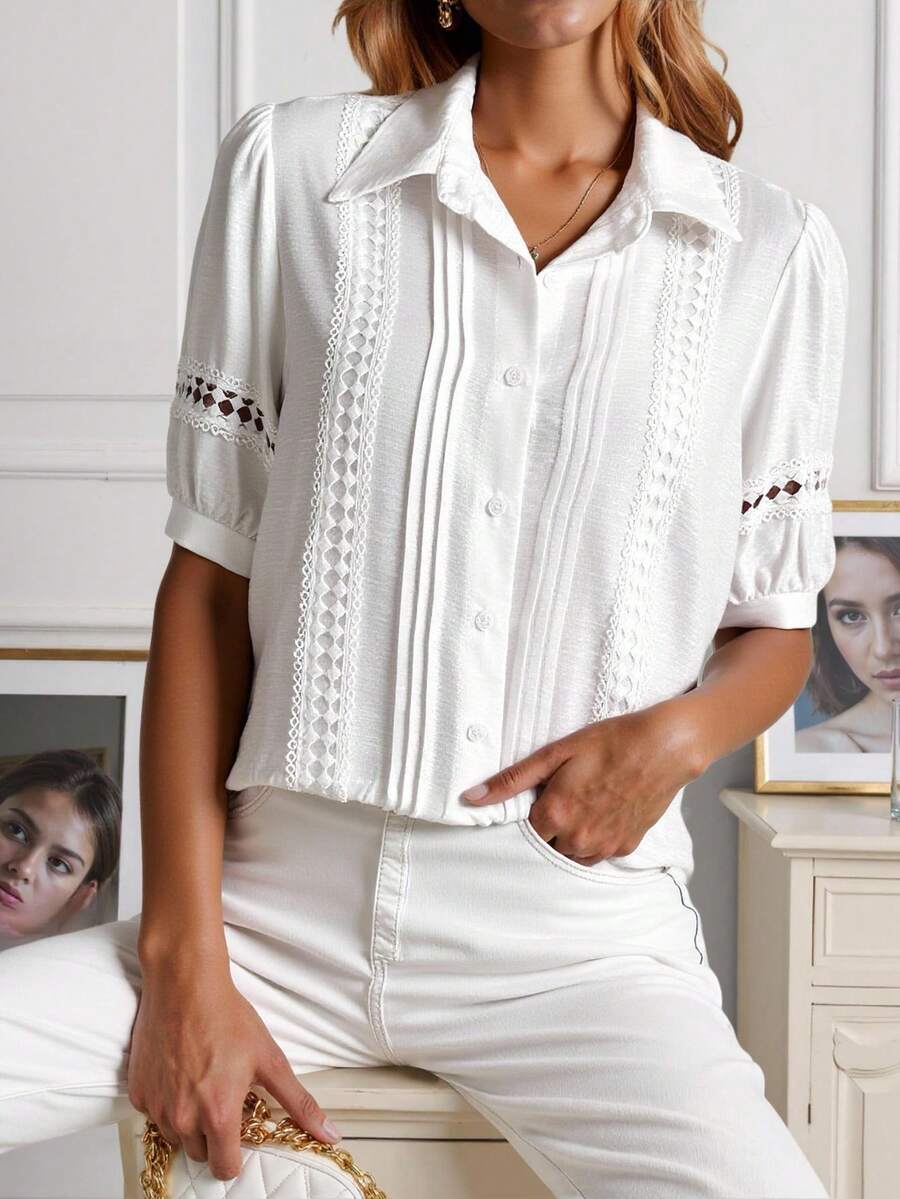 女士开襟衬衫，撞色蕾丝袖口，镂空花卉蕾丝上衣，百搭休闲日系白色夏季款 - 白色 - 查看 1
