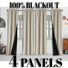 4pcs Blackout Beige Thermal Curtains - 99% UV Resistant Polyester, Rod Pocket Hanging, Non-Bleachable Plain Weave, Bedroom Art Theme, Coated Blackout Thermal Insulation, Noise Reduction - Ideal For Bedroom, Farmhouse And School Deep Sleep, 100gsm - Beige - View 14