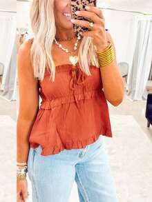 Áo croptop hai dây bèo nhún có dây rút dành cho nữ mùa hè, kiểu dáng thường ngày. - Rỉ Nâu - Xem 3