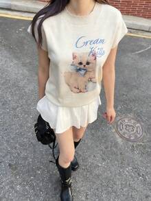 Y2K Spring/Summer Sleeveless Knit T-Shirt, Women's Casual Office Wear, Loose Fit Versatile Round Neck Fashionable Top - Apricot - View 2