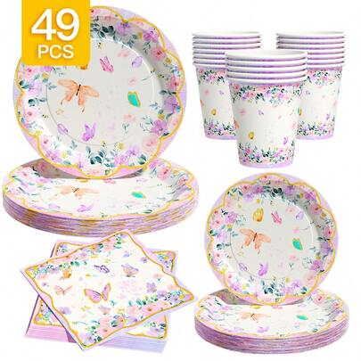 Colorful Floral & Butterfly Disposable Plates, Napkins, Cups - One-Time Party Supplies Set, Fits 8 Guests, Disposable Paper Plates Suitable For Birthday, Wedding, Theme Party, Family Picnic