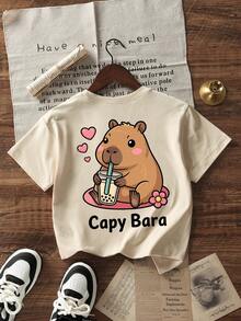 Tween Girls' Casual Pink Graphic Print Round Neck Short Sleeve T-Shirt, Summer Top - Apricot - View 4