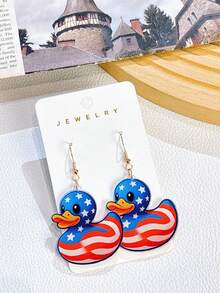 一对亚克力材质的日常美国国旗鸭子可爱趣味双面吊坠耳环，女士礼物，派对饰品 - 彩色 - 查看 5